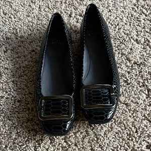 Stuart Weitzman Black Croc-Embossed Flats with Silver Buckle